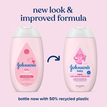 Two Johnson's baby lotion bottles: new look and improved formula, recycled plastic