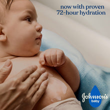 Baby cared with Johnson's baby lotion; text says 72-hour hydration