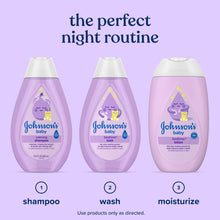 Three Johnson's baby bedtime lotion bottles, lavender purple, white caps