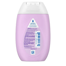 Johnson's baby bedtime lotion bottle back view, lavender purple, white cap, barcode