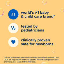 Shampoo brand graphic with pediatrician tested and newborn safe icons