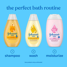 Baby bath routine graphic featuring Johnson's baby shampoo bottle