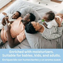 Family washing with Johnson's baby bar soap, parent holding a child on sofa
