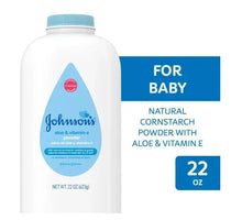 Baby powder bottle with blue cap; label reads natural cornstarch with aloe & vitamin E
