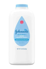 Baby powder bottle with blue cap; back label shows ingredient and net weight details