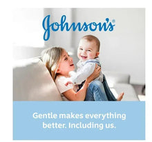 Johnson's baby powder promotional image with logo; parent holding a baby on a couch