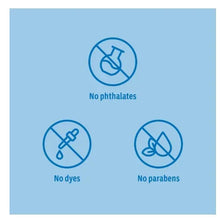 Baby powder info panel with icons: no phthalates, no dyes, no parabens