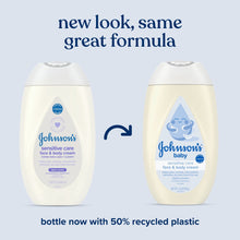 Johnson's baby sensitive face & body cream bottles side-by-side, new look message