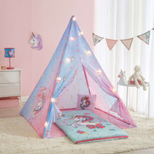 Unicorn teepee tent with pastel blue and pink panels and colorful rainbow motifs