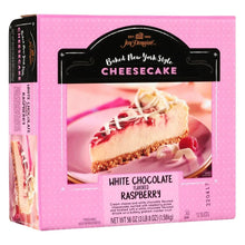 White chocolate raspberry cheesecake packaging with sliced cheesecake photo