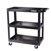 3-tier rolling tool cart with three open shelves and swivel casters, black frame