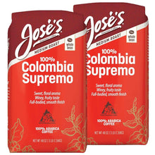 Jose’s whole bean coffee, 100% Colombia Supremo medium roast in red bags, 2-pack