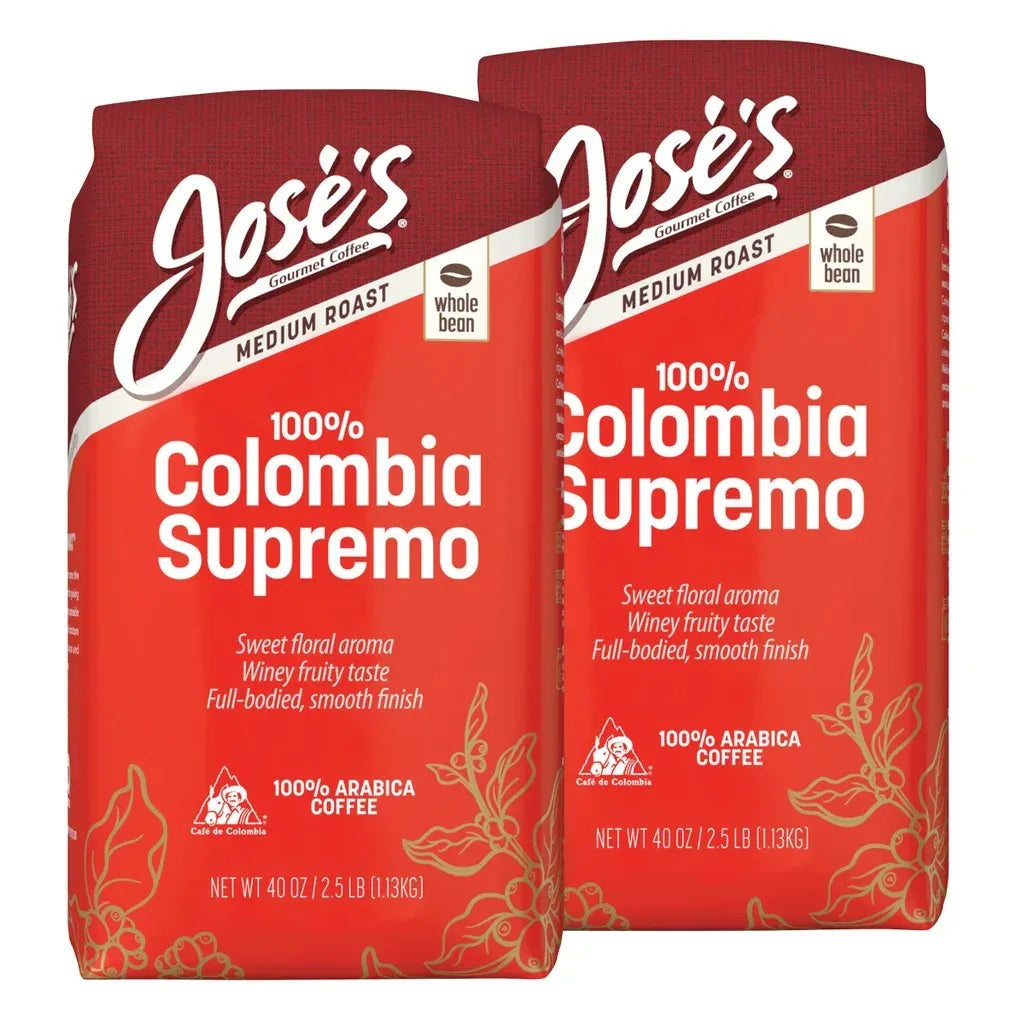 Jose’s 100% Colombia Supremo Whole Bean Coffee, Medium, 2.5 lbs, 2-pack