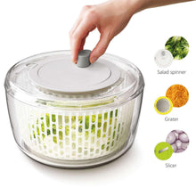 Salad preparation set bowl with clear lid, gray knob, and interchangeable inserts