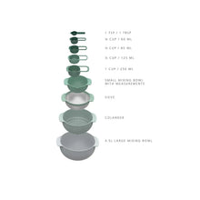 Stacked green and gray mixing bowls with measuring spoons, sieve, and colander
