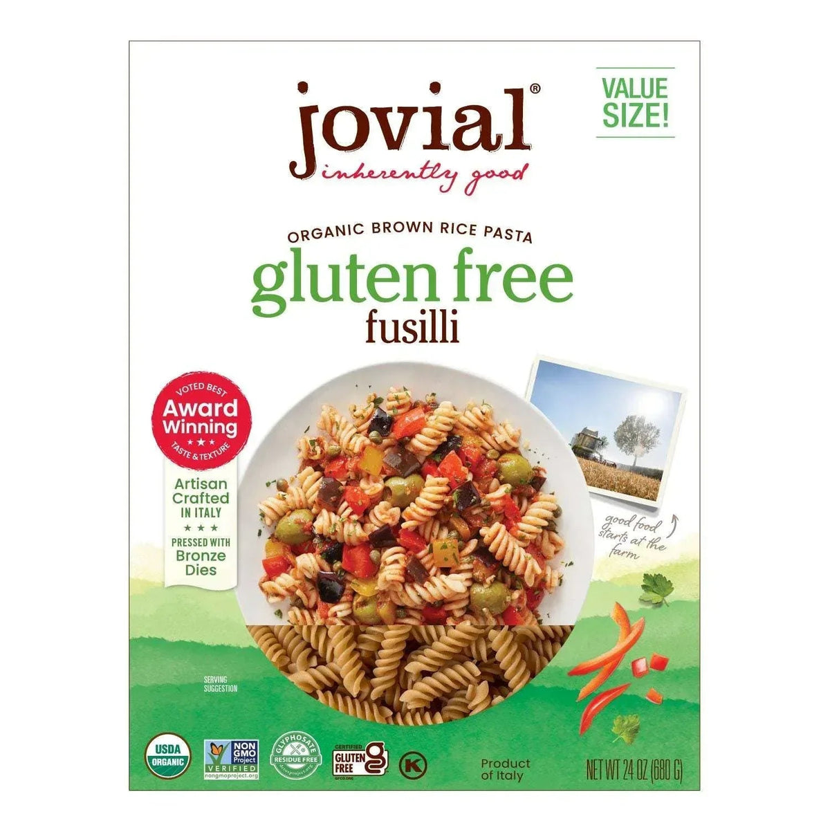 Jovial Organic Brown Rice Gluten Free Pasta, Fusilli, 24 oz.
