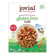 Gluten-free fusilli pasta box with brand and cooked pasta photo