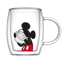 Double-wall glass mug with Mickey Mouse face graphic, red shorts detail