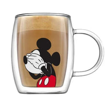 Double-wall glass mug with Mickey Mouse face illustration and curved handle
