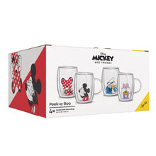 Retail box for Peek-a-Boo double wall glass mugs, four-pack with Mickey and friends
