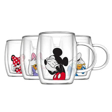 Double-wall glass mug with Mickey Mouse peek-a-boo design and red bow accents