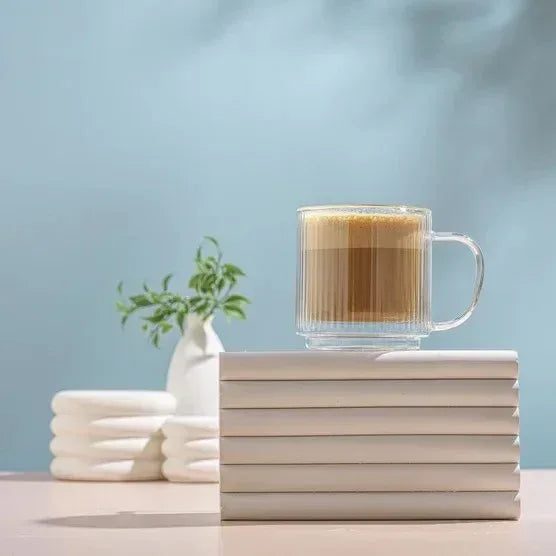 JoyJolt Haven 13.5 oz Fluted Stackable Double Wall Glass Mugs, Set of 6