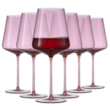 Set of 6 pink tinted wine glasses with red wine, tall bowl and slim stem
