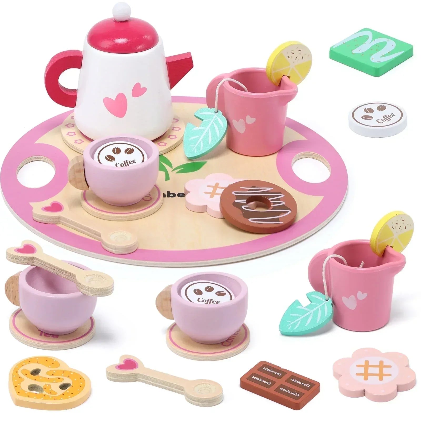JoyStone Wooden Tea Party Set for Toddlers, Pretend Play Tea Sets for Kids with Storage Cupcake Stand, Wooden Toys Gifts for Girls & Boys - USA MEGA SHOP
