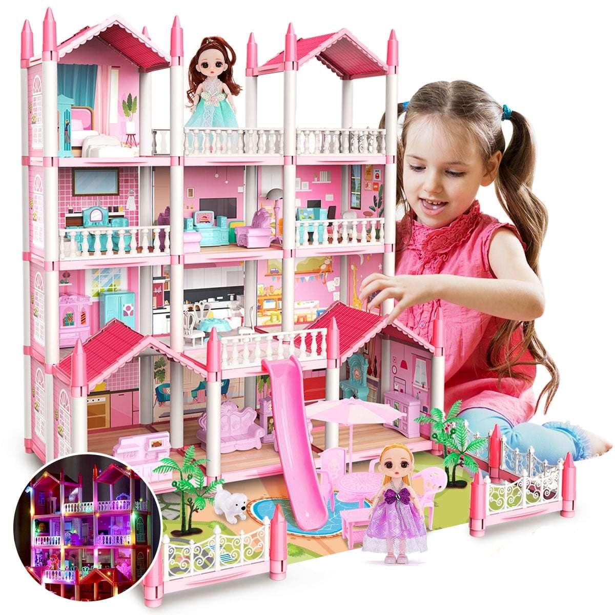 JoyStone Play Dollhouse with Doll Toy Figures, 14 Rooms Furniture and Colorful Lights, Creative Doll House Gift for Girls Ages 3+, Assemble Required, Pink - USA MEGA SHOP