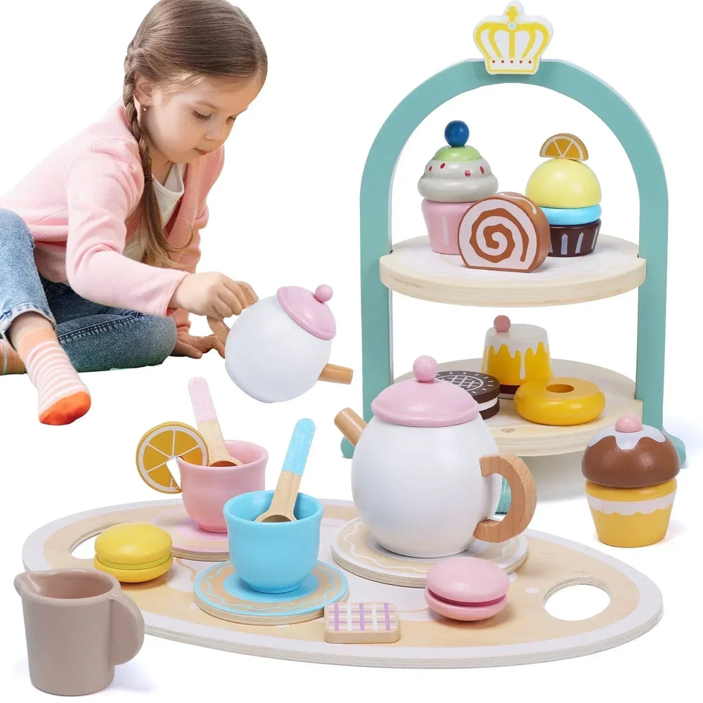 JoyStone Wooden Tea Party Set for Toddlers, Pretend Play Tea Sets for Kids with Storage Cupcake Stand, Wooden Toys Gifts for Girls & Boys - USA MEGA SHOP