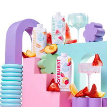 Hydration drink variety pack cartons and bottles with fruit accents in pastel colors