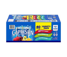 Capri Sun variety pack carton back with 40 pouches and flavor information