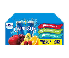 Capri Sun variety pack carton with 40 pouches: fruit punch, strawberry kiwi, pacific cooler