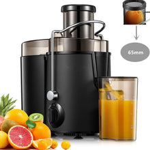 Black juicer machine with 3 in feed chute, stainless housing, and juice cup