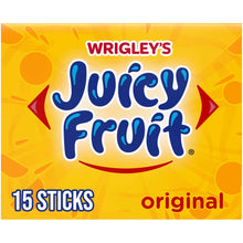 Juicy Fruit Original bubble gum pack, yellow front with logo and “15 sticks”