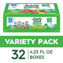 Juice box variety pack, 32-count 100% juice boxes in green carton.