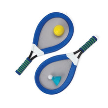 Two blue soft jumbo rackets with yellow ball and turquoise shuttlecock