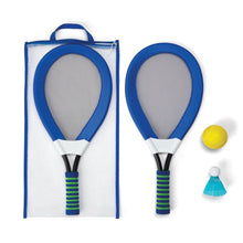 Pair of blue soft jumbo rackets with yellow ball and turquoise shuttlecock