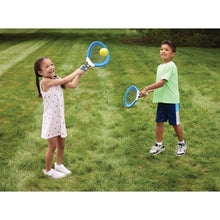 Child holding a blue jumbo soft racket with yellow ball and turquoise shuttlecock