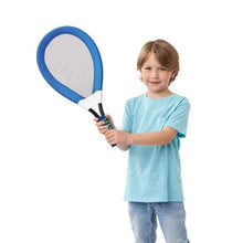 Blue soft jumbo racket with green striped handle, held by a child