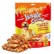 Dog treat package with sweet potato & chicken chew bites and scattered snack sticks
