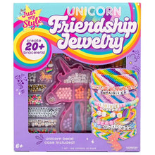 Unicorn friendship bracelet making kit box with rainbow beads and elastic cord inside