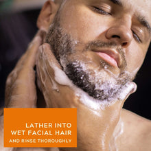 Man with beard and face covered in white lather, close-up