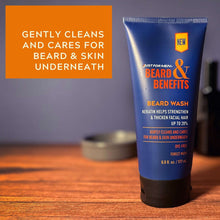 Beard wash tube, blue with front label and pump-style cap