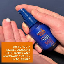 Beard serum pump bottle in hand; dispenser on palms for massaging into beard
