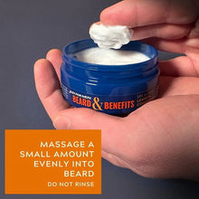 Beard leave-in conditioner jar with white cream on top; massage a small amount