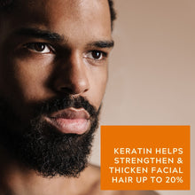 Leave-in beard conditioner label: keratin helps strengthen facial hair up to 20%