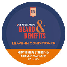 Leave-in beard conditioner label: keratin helps strengthen facial hair up to 20%