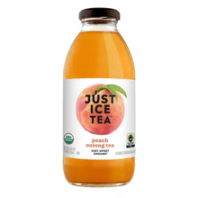 Glass bottle of Just Ice Tea organic peach oolong tea, amber drink