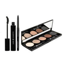Eyeshadow palette with neutral and pink shades, plus mascara and eyeliner